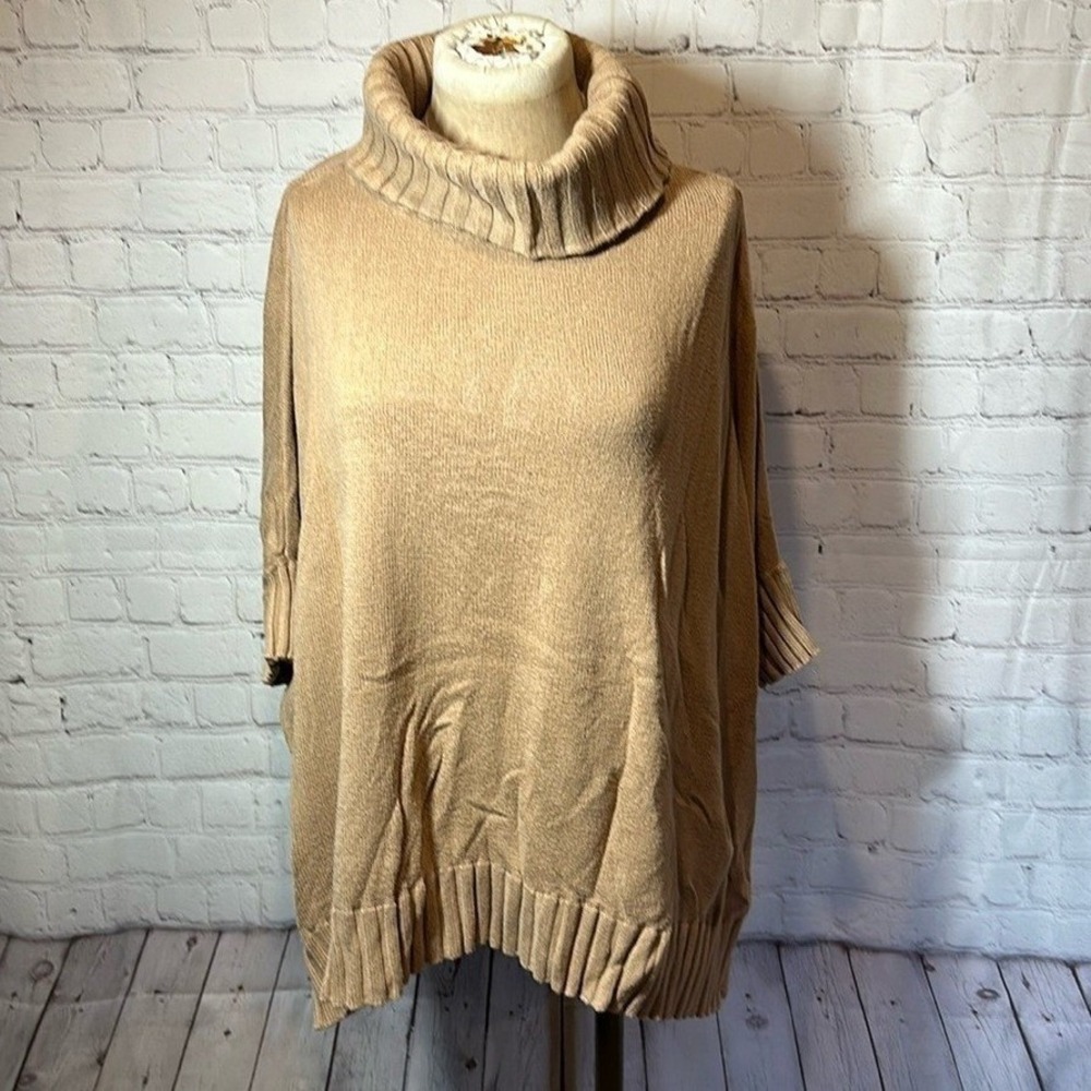 Ann Taylor Cape Sweater Womens L/XL Camel Tan Turtleneck Oversized Knit Poncho